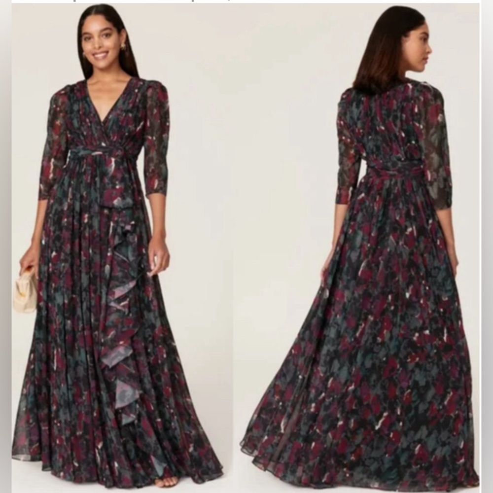 Badgley Mischka Pleated Ruffle Floral Gown, Long Sleeve Maxi Dress
